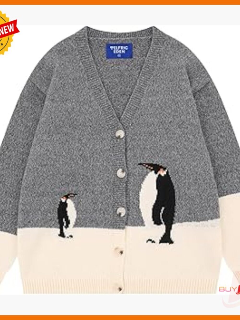 Oversized Cardigan Sweater with Penguin Graphic, Button Front, Y2K Style